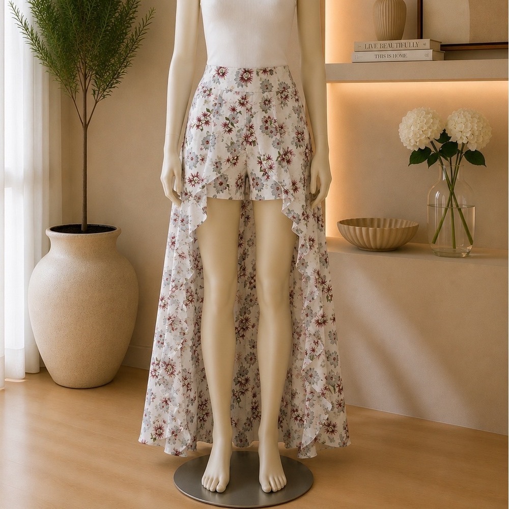 Entro Skort Womens Large Floral High Low Maxi Skirt Overlay White Boho Casual
